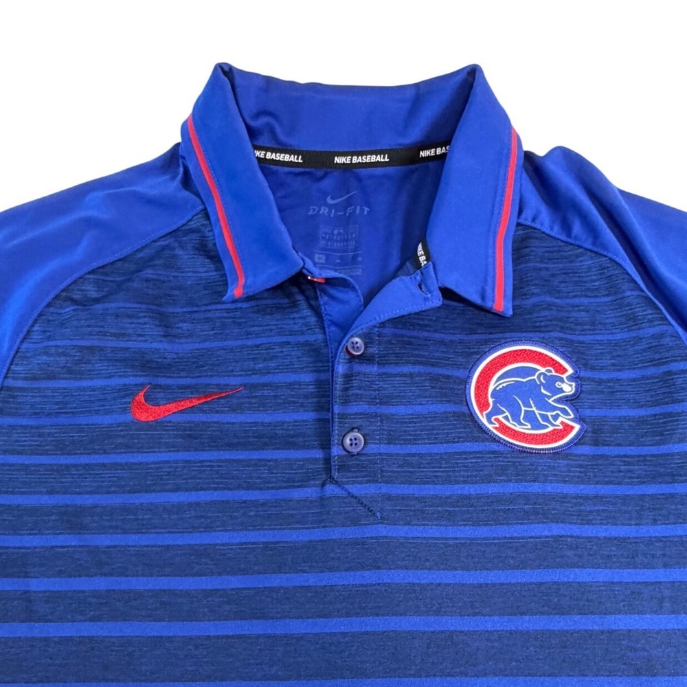Nike Baseball Chicago Cubs Mens Blue Striped Dri-FIT Polo Shirt Size Medium J8